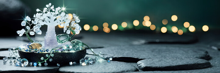 Fototapeta premium Sparkling Crystal Tree Zen Decor Spiritual Glowing Lights Mystical Handmade Crafts Relaxation Peace