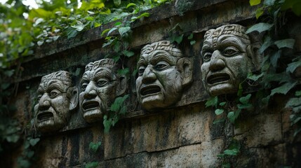 Obraz premium A hidden temple within the jungle, dating back to pre-Columbian times, is associated with the Maya, Inca, or Aztec cultures. It displays a deity carved into the stone, with an open mouth acting as