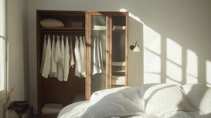 Sunlit bedroom with minimalist wooden wardrobe and neatly organized clothing.