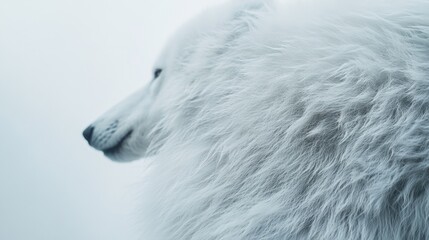 Naklejka premium Close-up of a fluffy white dog gazing into the distance, exuding warmth and calmness in a serene setting.