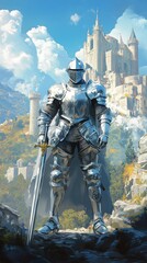 Naklejka premium A knight in shining armor stands before a majestic castle, sword at his side.