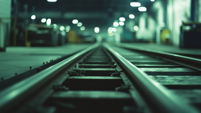 In a dimly lit train depot, parallel train tracks lead into the distance, creating a sense of mystery and anticipation in the industrial setting.