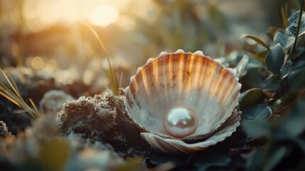 An exquisite pearl nestled within a luminescent shell, surrounded by soft, natural textures, reflects elegance and mystery.