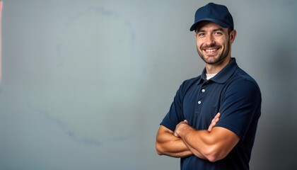 Confident male tech worker stands confidently against plain gray backdrop. Wears navy blue polo shirt, cap. Arms crossed. Pro, reliable image for service industry. Ideal for service company marketing
