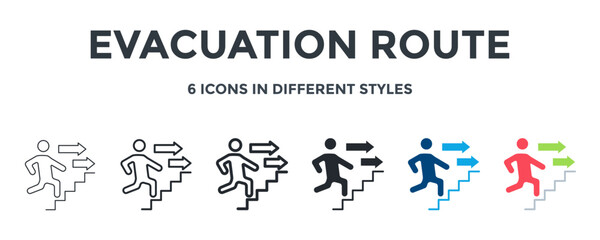 Evacuation Route Icon In Different Style Vector Illustration. Designed In Thin Line, Regular Line, Bold Line, Glyph, Color Fill, And Flat Style Can Be Used For Web