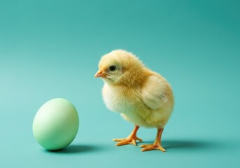 Obraz premium Small yellow chick standing next to a green egg on a turquoise background, representing easter and new life
