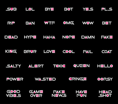 Geometric Korean tv text emotes collection white . Can be used for Twitch, Discord, YouTube. Graphic conversational text elements illustration set 