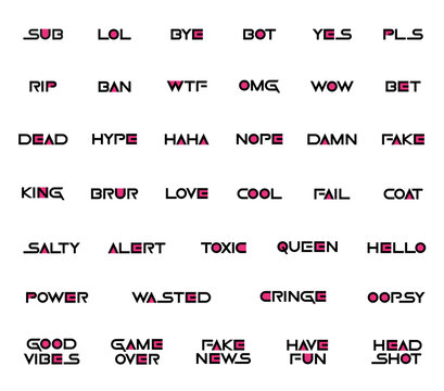 Geometric Korean tv text emotes collection black. Can be used for Twitch, Discord, YouTube. Graphic conversational text elements illustration set 