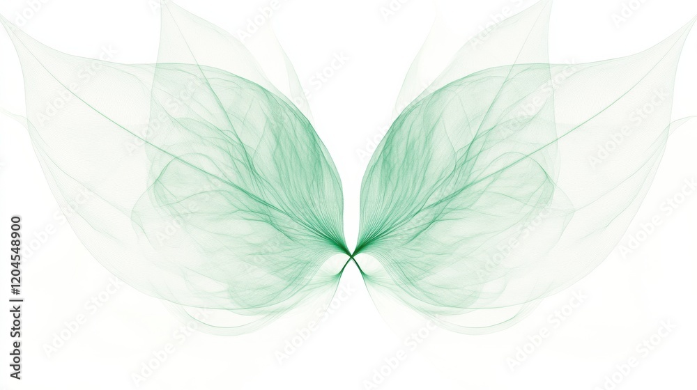 Poster Green translucent leaves creating an artistic butterfly shape against a white background. Generative AI