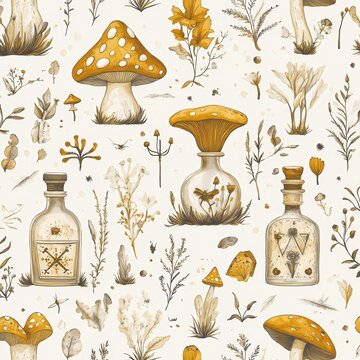 A seamless witchcraft design on a bohemian backdrop. Incorporates magic ingredients and floral elements. Includes an antique apothecary theme, alchemy, and tarot card imagery. Definitely not a stock
