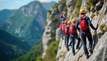 Climbers ascend steep cliff face. Group of people climb mountain wall. Using ropes and safety gear. Mountain landscape background. Outdoor adventure activity. Teamwork and challenge concept.