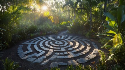 A pilgrimage through a sacred labyrinth, an integral part of a mystical ritual, signifies the path of life and self-discovery.