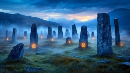 On a remote island, a stone circle faintly emits light, its base surrounded by eerie mist, and ancient runes are hardly visible on the stones, under a twilight sky.
