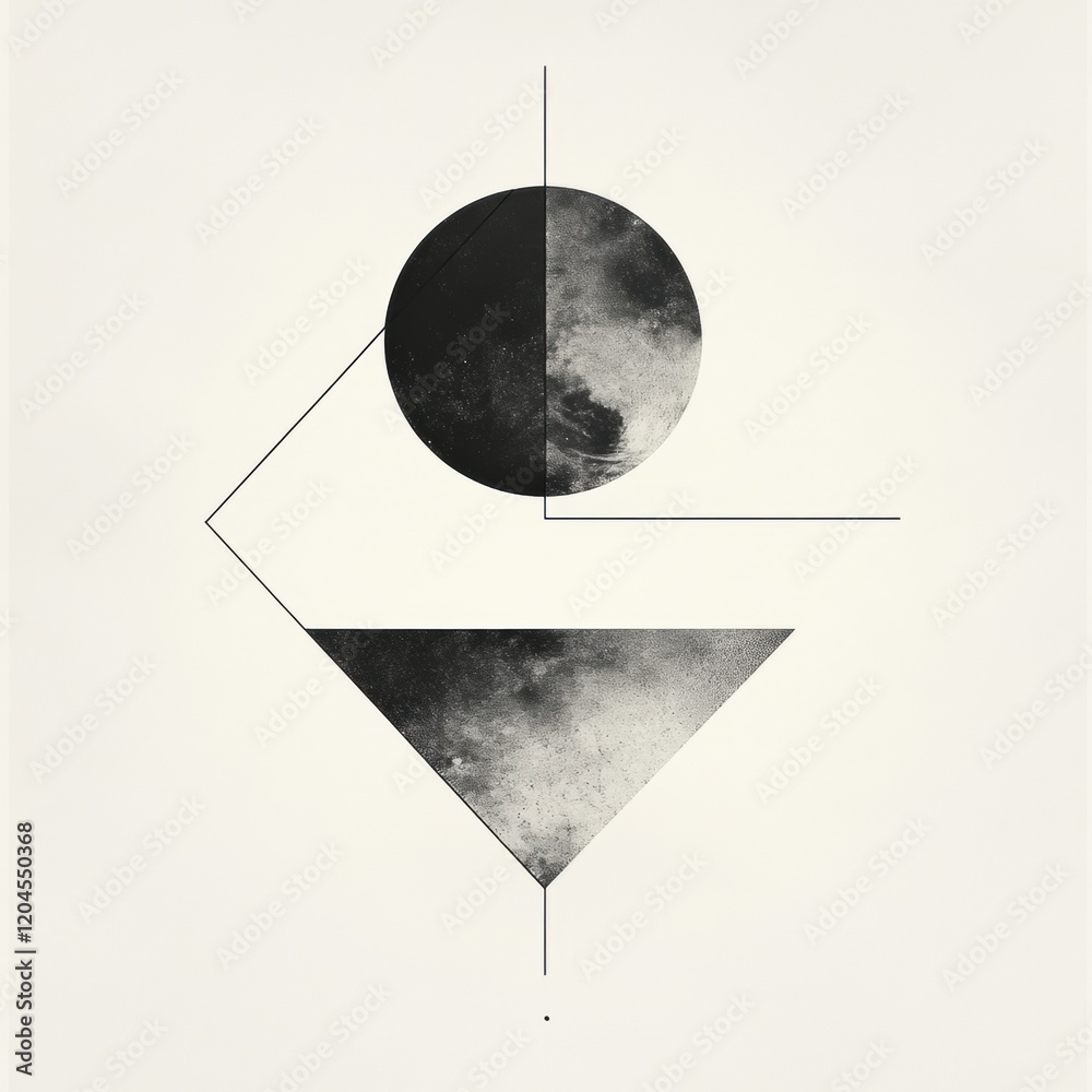 Poster Abstract geometric design featuring circular and triangular shapes in black and white with a minimalist style. Generative AI