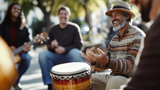 A joyful gathering of friends playing music in a sunlit park, highlighting the vibrant energy and camaraderie of a shared impromptu session.