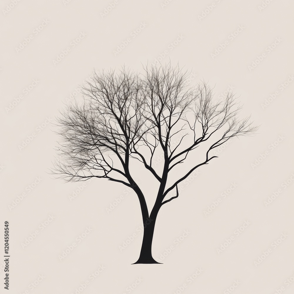 Aufkleber Silhouette of a barren tree against a neutral background showing intricate branches in winter. Generative AI