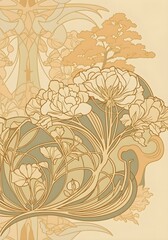 Art Nouveau floral illustration with intricate details in warm gold and beige tones.
