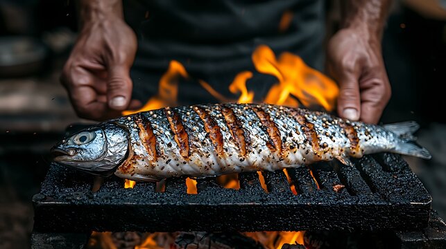 a high-resolution photo of A contestant roasting fish over an open flame. isolated on color background, photorealistic, ultra-sharp focus, clear details, studio lighting, natural colors, realistic