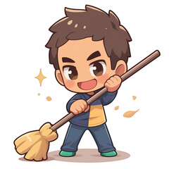 A cartoon of boy cleaning with a broom