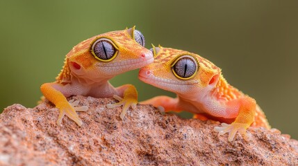 Naklejka premium Two orange geckos with large eyes interact affectionately on a textured rock in a natural outdoor setting.
