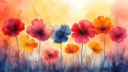 Obraz premium Vibrant watercolor painting of colorful flowers in a serene landscape during sunset