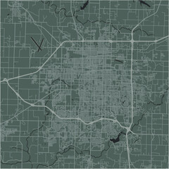 Map of Springfield in Missouri in a smooth dark style. Contains layered vector with roads water, parks, etc.