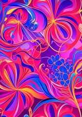 Vibrant abstract floral pattern with bold pink, purple, and red swirling shapes.