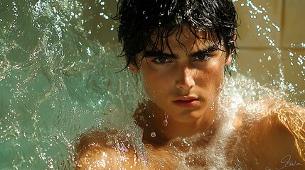 Fototapeta premium a high-resolution photo of A player wading through waist-deep water with a determined expression. isolated on color background, photorealistic, ultra-sharp focus, clear details, studio lighting,