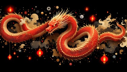 Fototapeta premium Majestic Red Dragon with Festive Lanterns