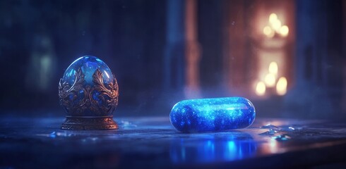A blue pill sits near a crystal ball on an altar veiled in ancient magic.