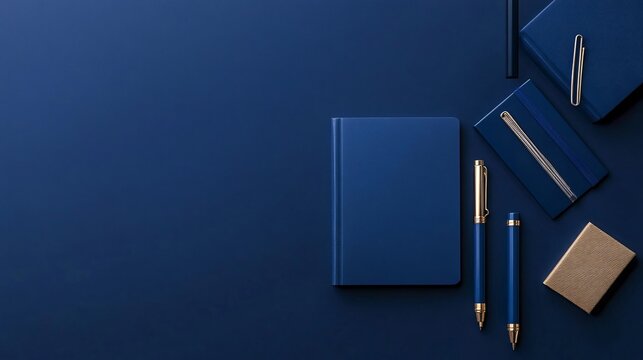 Elegant Blue Notebook Stationery Mockup Flatlay
