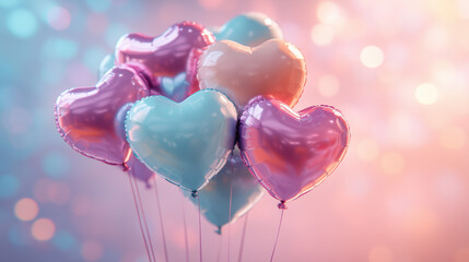 Obraz premium Vibrant Heart-Shaped Balloons in Soft Pastel Tones, 3D Render, Romantic Valentine's Day Decor, Dreamy and Whimsical Atmosphere