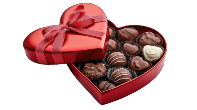 Red Heart-Shaped Box of Chocolates with a Pink Ribbon, Assorted Gourmet Treats, for Valentine's Day.