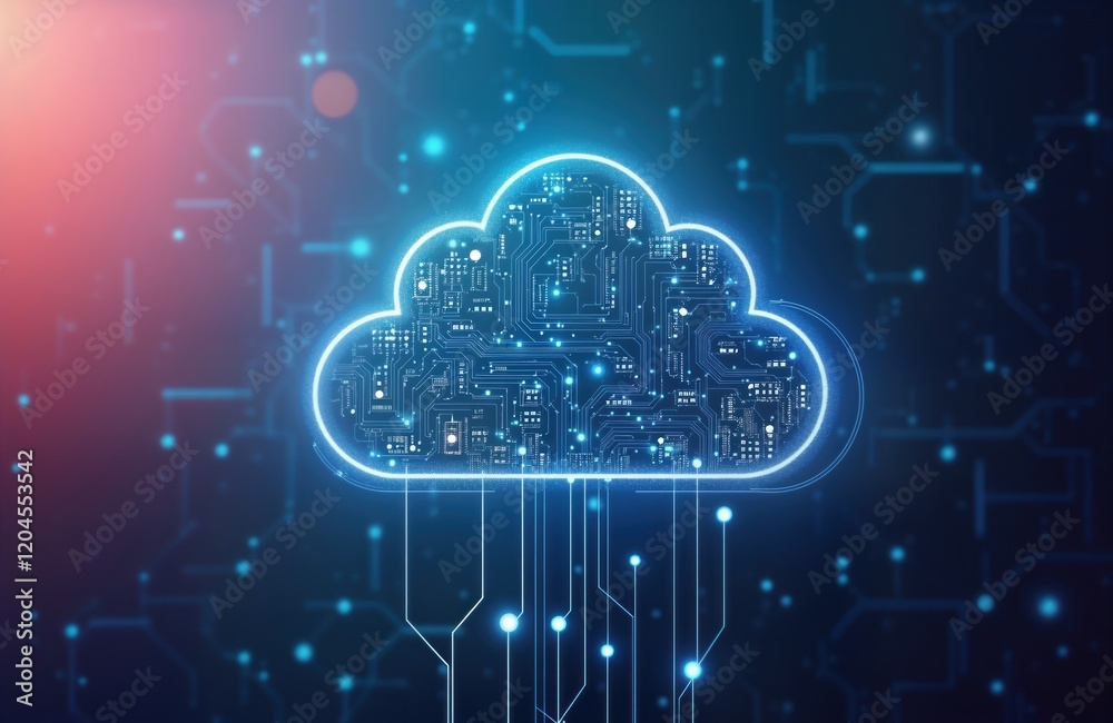 Aufkleber Abstract futuristic cloud symbol with digital circuits. Glowing light rays represent complex connections, data flow. Blue background enhances tech theme, virtual concept. Illustration evokes