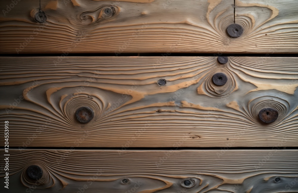 Poster close up view of weathered wooden planks. horizontal wood grain with rustic knots visible. aged timb