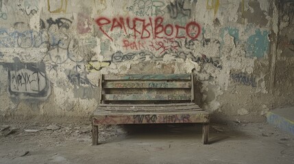 A broken wooden bed in a rundown motel room, its walls covered in graffiti and grime