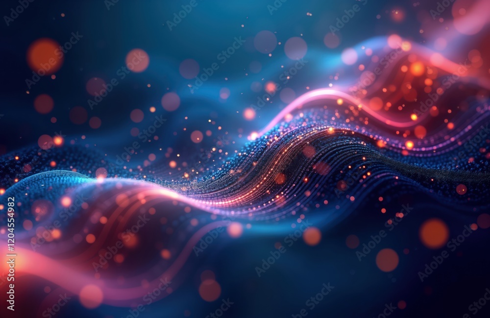 Poster abstract graphic design. data waves form vibrant blue, pink patterns. dynamic lines, particles creat