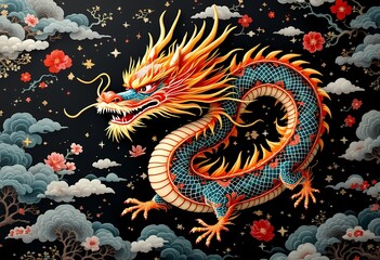Fototapeta premium Majestic Chinese Dragon Design on a Black Background