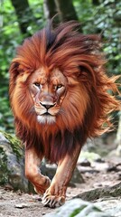 Fototapeta premium A powerful image capturing a majestic lion striding confidently through a lush green forest, embodying strength and the spirit of wildlife.