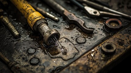 A corroded faucet dripping water into a stained industrial sink, surrounded by tools