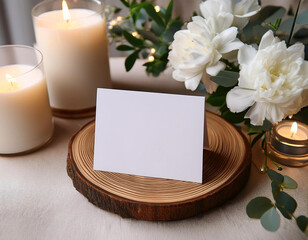 elegant wedding table card mockup blank place card on wooden stand with white flowers and candles