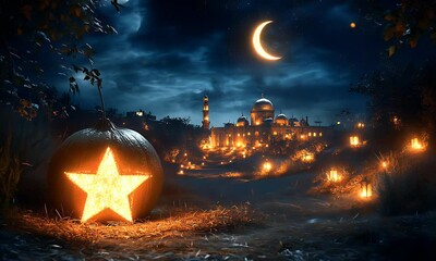Illuminated pumpkin with star design sits in field at night, mosque in background under crescent moon. - Powered by Adobe