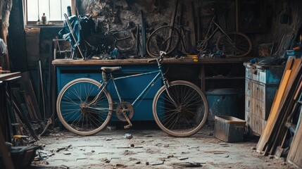 A dusty garage with uneven, cracked tiles and an old bicycle leaning against the wall
