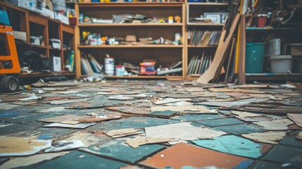 Obraz premium A garage floor with broken tiles, spilled paint, and a cluttered shelving unit in the background