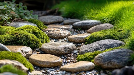 Naklejka premium Serene Stone Path: A Tranquil Garden Walkway
