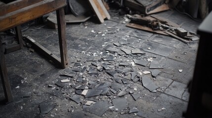A garage floor with shattered tiles and debris near an old, rusty workbench