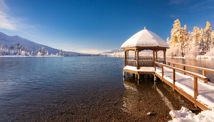 enchanting winter scene snow covered dock and gazebo at chanchans lake nevada