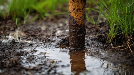 Fototapeta premium A garden tap leaking water onto dry soil, creating a small puddle surrounded by grass