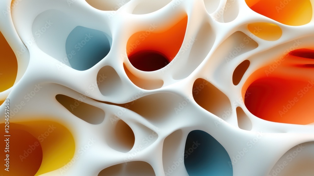 Fototapete abstract 3d rendering of a porous, organic structure with vibrant color accents.