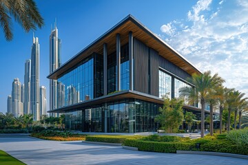 A modern office building with glass curtain walls and high-rises in the background, showcasing elegant urban architecture.